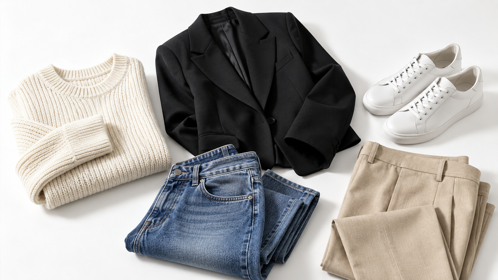Sélection mode : maille ivoire, veste noire, jean, pantalon beige et baskets blanches